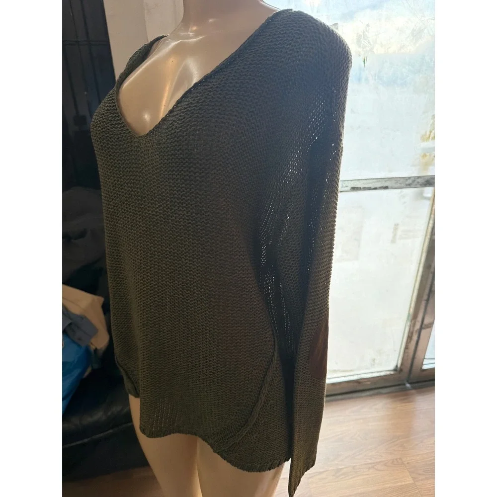Olive Green Deep V-Neck Loose Knit Sweater‎ with Quilted Elbow Patches Pullover